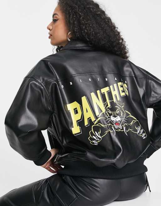 Missguided panthers faux leather coach jacket in black