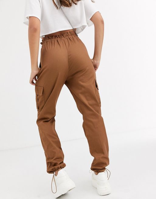 Missguided paperbag waist twill cargo trousers in sand