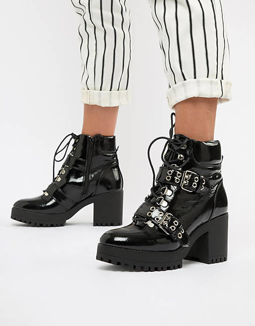 Missguided patent chunky sole biker heeled boots In black | ASOS