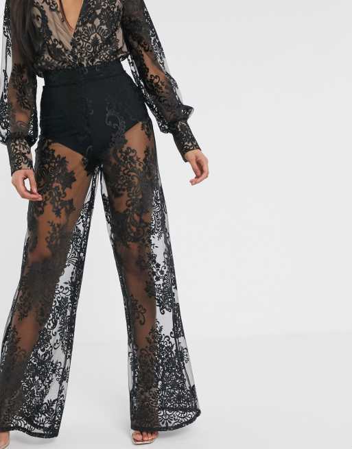 Missguided - Peace and Love - Broek van organza kant in zwart, combi-set, 4 van 4