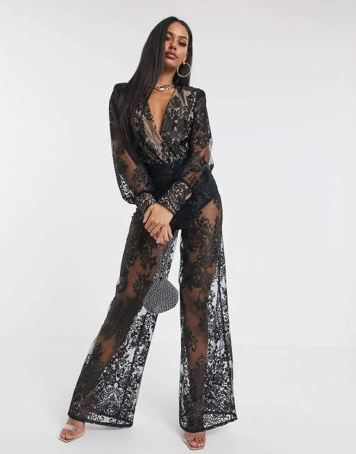 MISSGUIDED PEACE + Love Black Floral Pattern See Through Lace Maxi