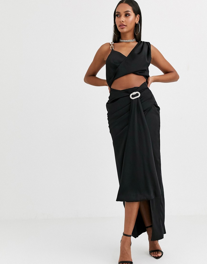 Missguided Peace and love co-ord satin drape maxi skirt in black