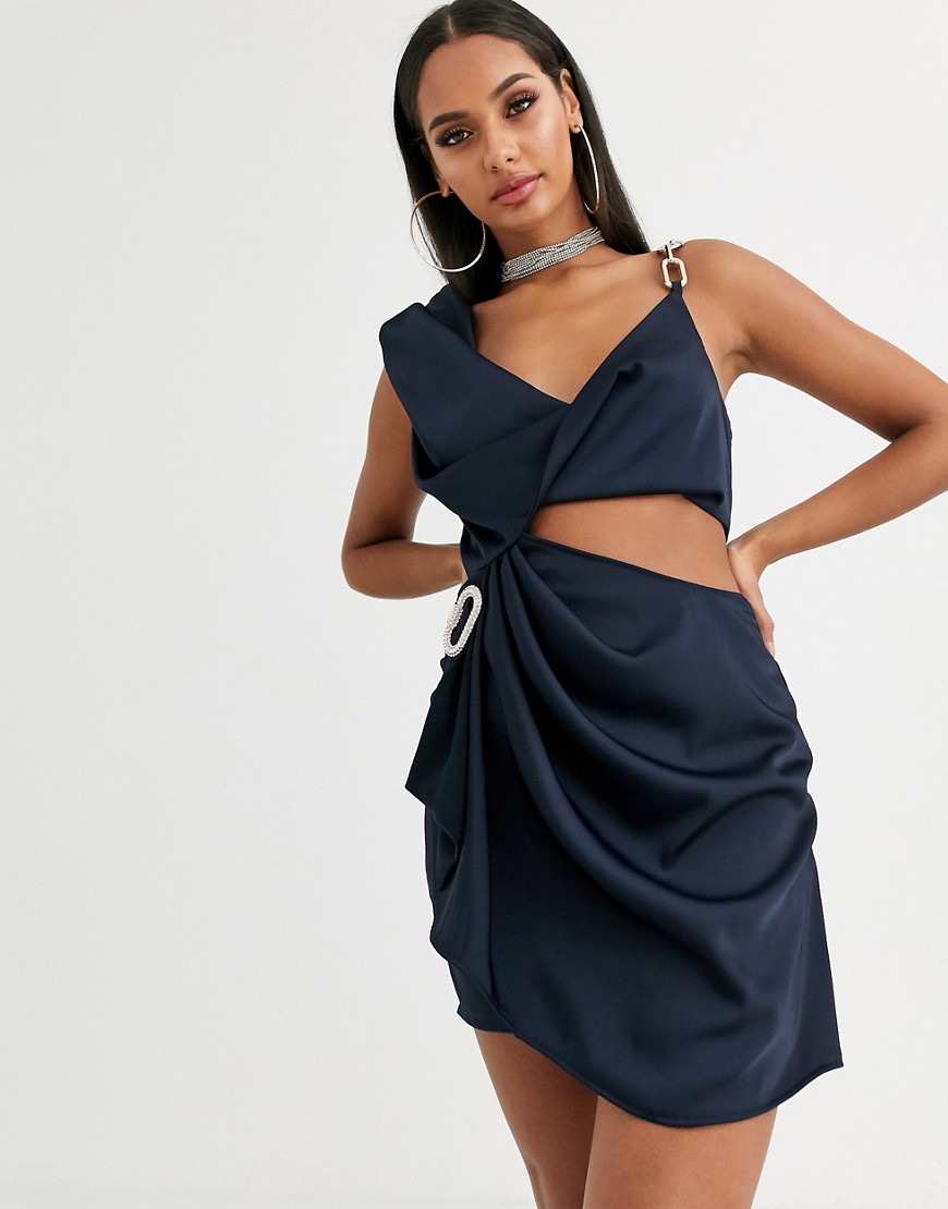 Missguided Peace and Love cut out satin drape mini dress in navy