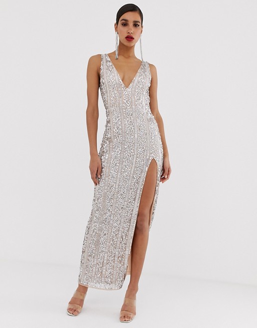 Missguided Peace and Love embellished maxi dress with side split in silver