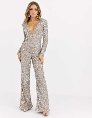 long sleeve silver sequin jumpsuit