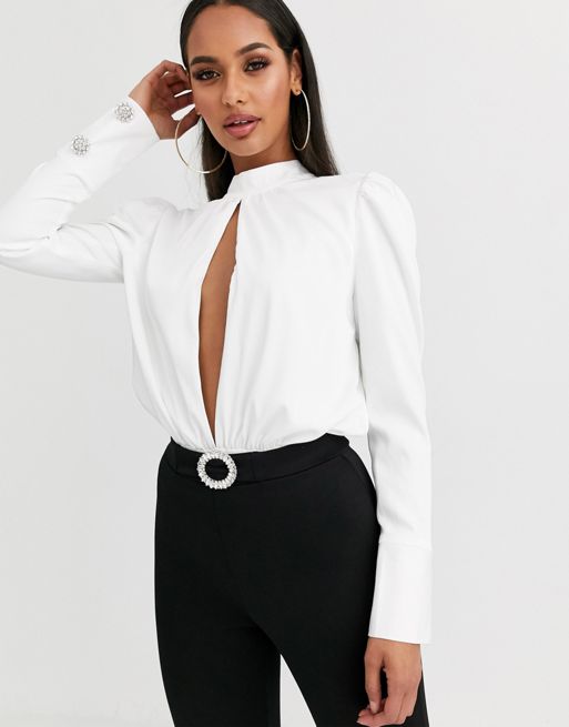 Missguided Peace and Love high neck bodysuit with ruched puff sleeves and cuff detail in white