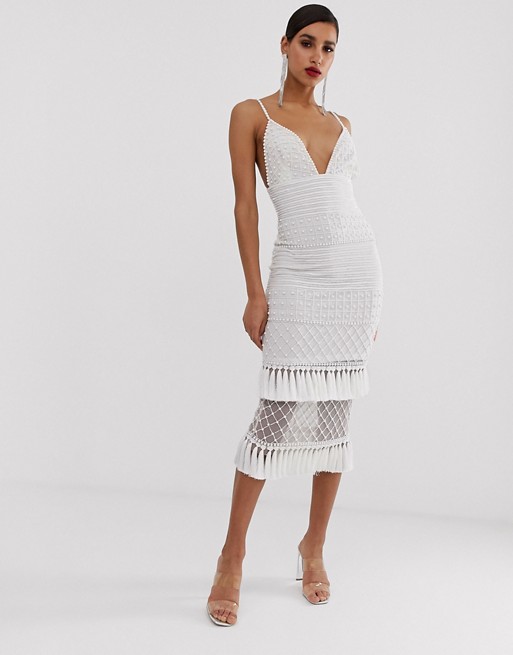 Missguided Peace and Love maxi dress in white with embellished hem
