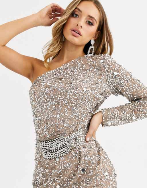 Missguided Peace and Love one shoulder embellished mini dress in silver |  ASOS