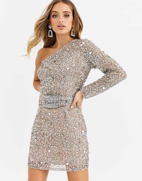 Missguided – Peace and Love – Verziertes Minikleid in Silber mit One-Shoulder-Träger