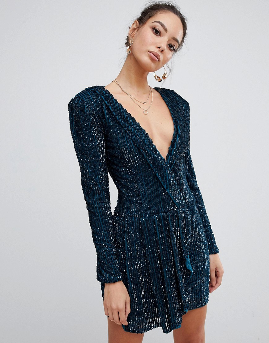 Missguided Peace & Love embellished plunge wrap dress in teal-Green