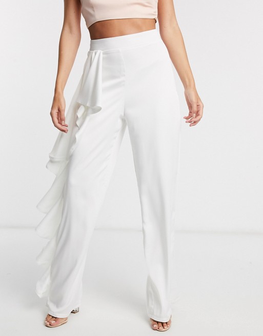 Missguided Peace + Love frill detail wide leg trousers in white