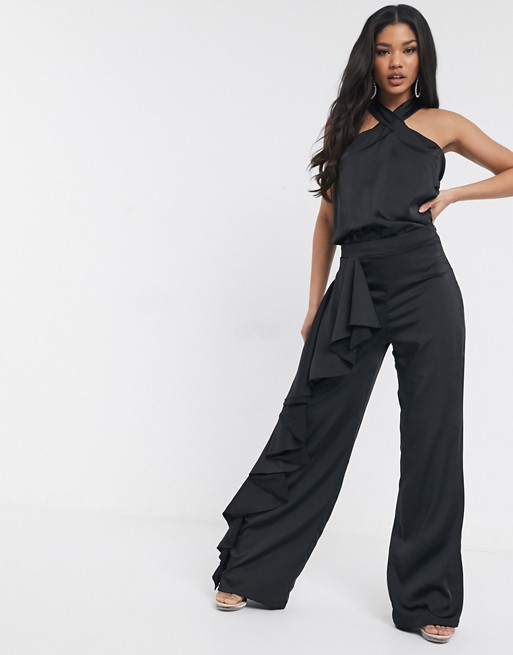 Missguided Peace + Love frill overlay wide leg trousers in black