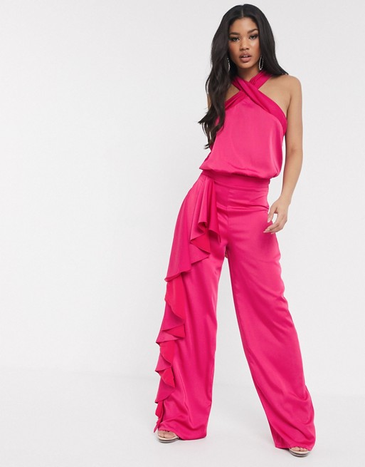 Missguided Peace + Love frill overlay wide leg trousers in pink
