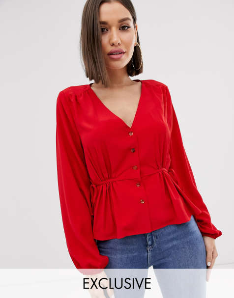 Missguided peplum blouse in red with tie sides