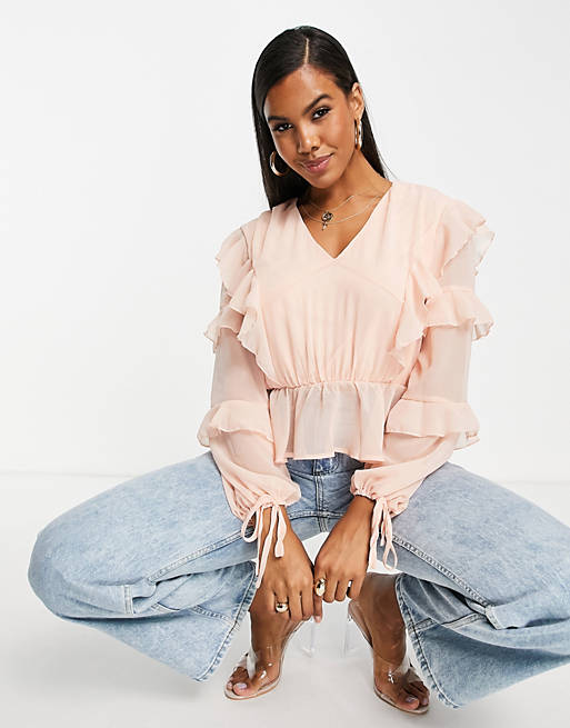 Missguided peplum blouse with frill hem in pink