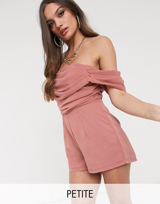Missguided Petite bardot drape ruched playsuit in pink