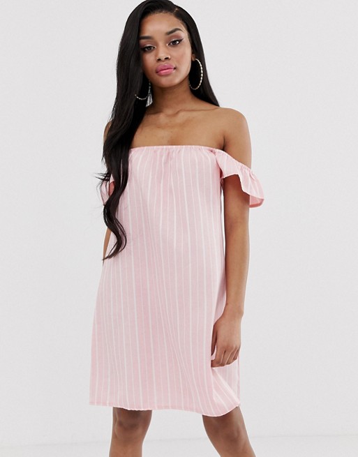 Missguided Petite bardot dress in pink stripe