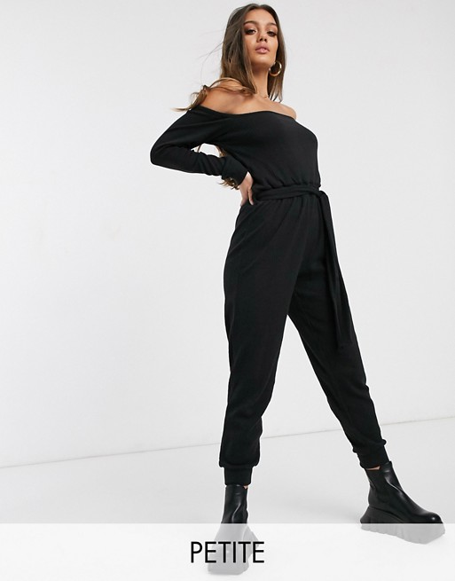 Missguided Petite bardot jogger jumpsuit in black