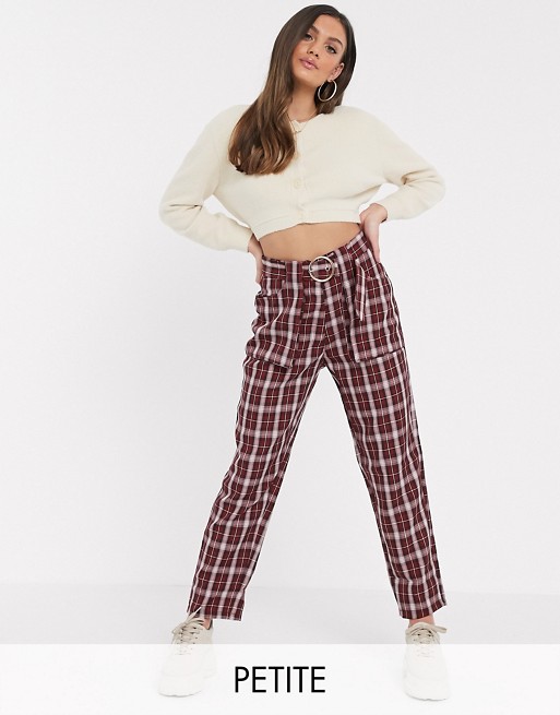Missguided Petite belted cigarette trousers in burgundy check