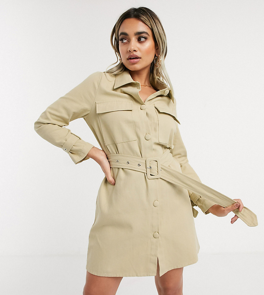 Missguided Petite belted denim dress in sand-Green