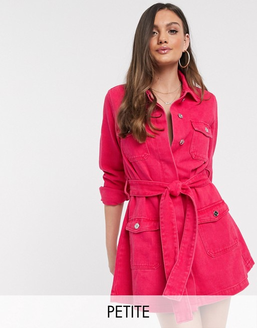 Missguided Petite belted denim jacket dress in raspberry