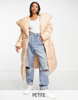 Missguided Petite belted duvet coat in toffee