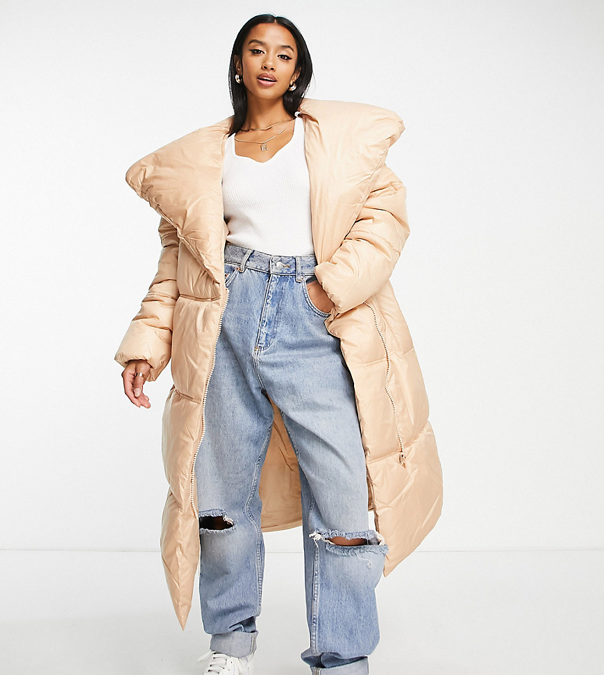Missguided Petite belted duvet coat in toffee-Brown