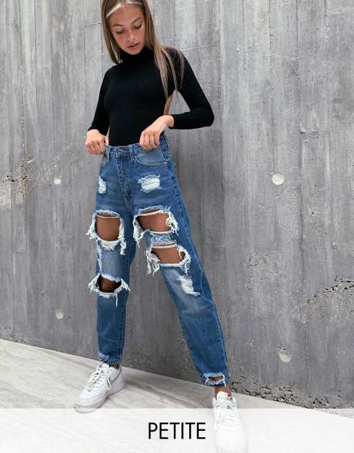 Petite - Blå mom-jeans med huller | ASOS