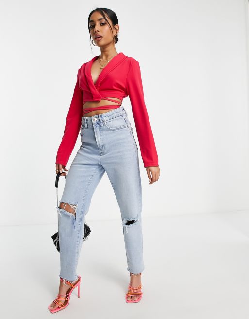 Missguided Petite - Blazer corto allacciato in vita rosa vivo, 3 di 4