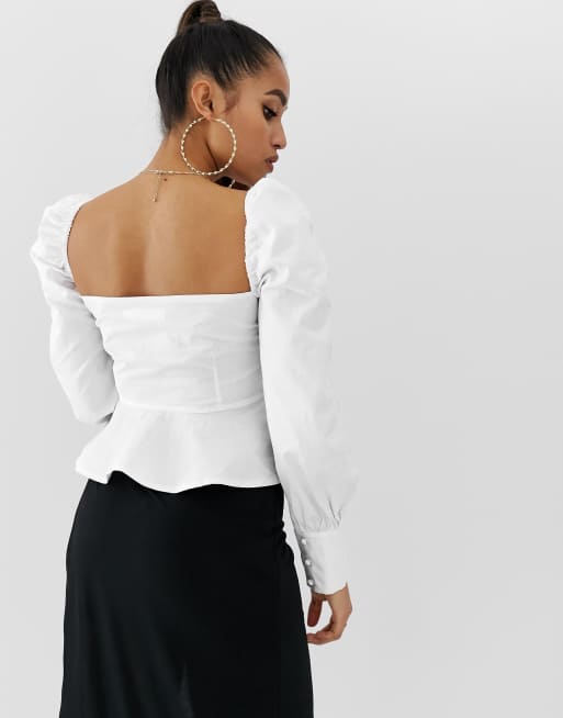 Missguided Petite Blouse met vierkante hals peplum en pofmouwtjes in wit