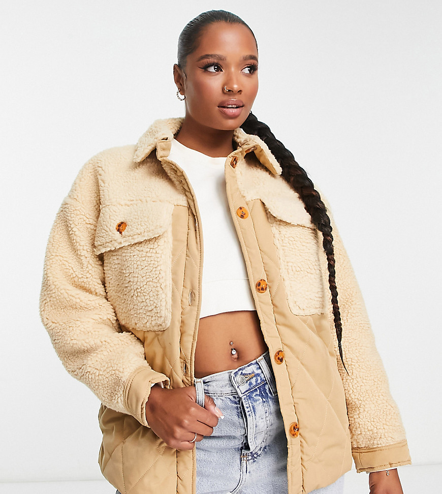 Missguided Petite Borg Trim Quilted Coat In Tan-Neutral