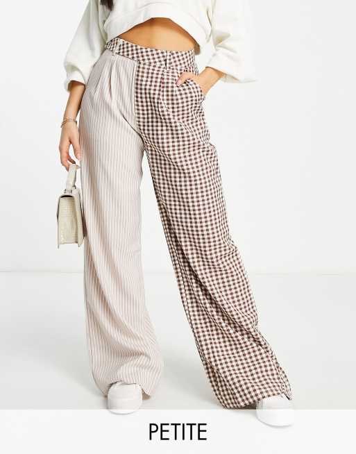 Missguided Petite – Bruna byxor med kontrasterande, ginghamrutiga detaljer