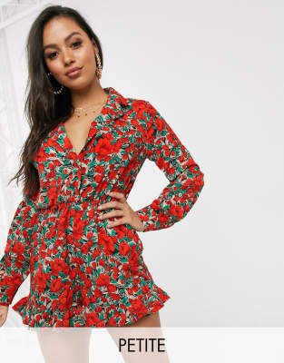 Missguided Petite button front playsuit in floral print-Multi