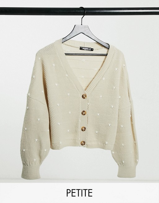 Missguided Petite cardigan with balloon sleeves in stone polka dot
