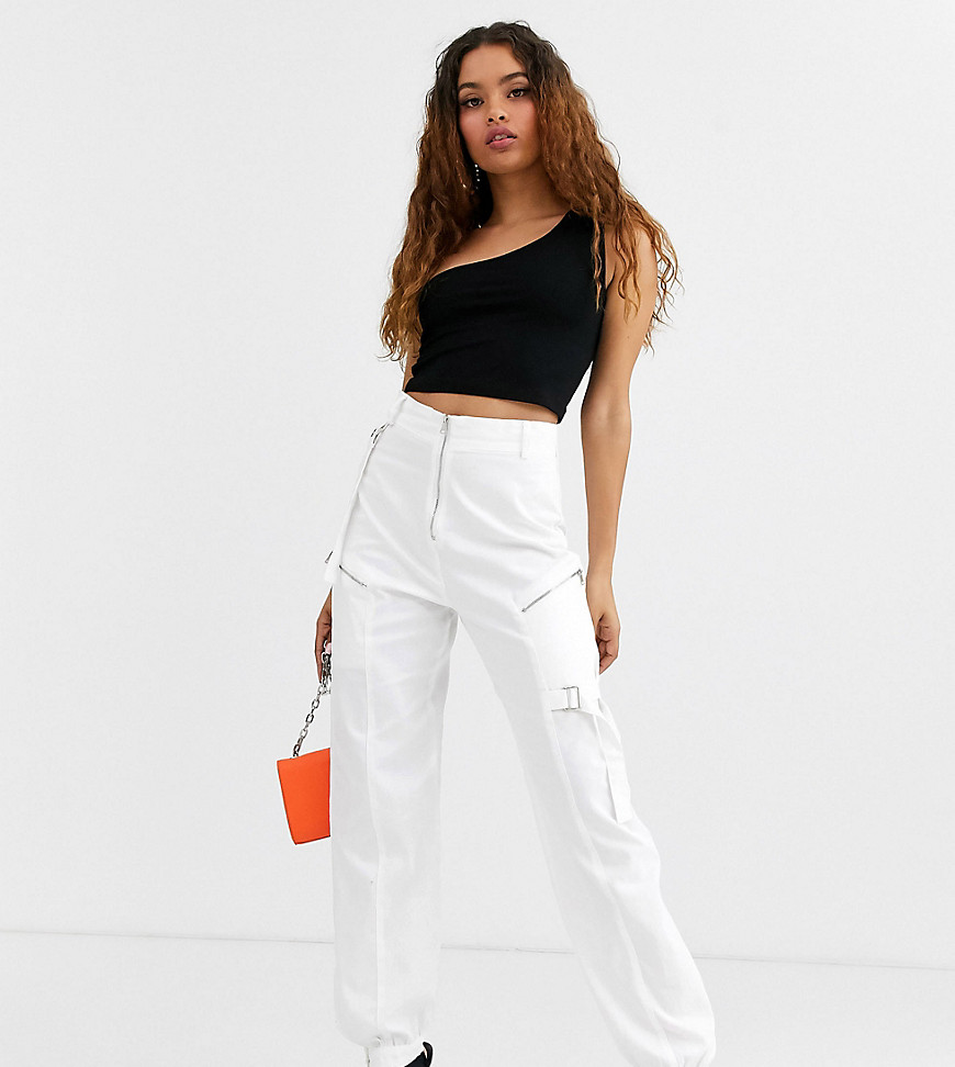 Missguided Petite cargo trousers with pocket detail in white