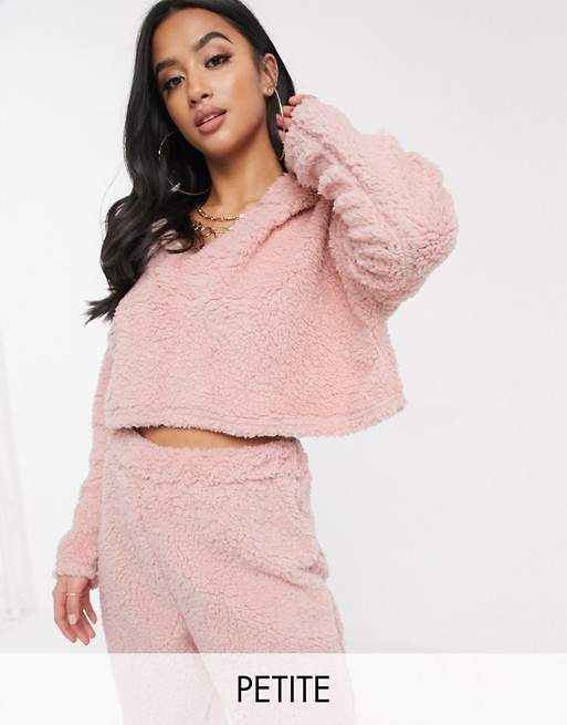 Missguided Petite co-ord cropped borg hoodie in pink