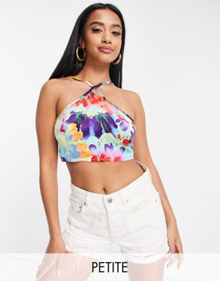 Missguided Petite co-ord halterneck crop top in floral-Multi