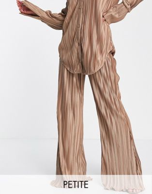 Missguided Petite co-ord plisse wide leg trouser in camel