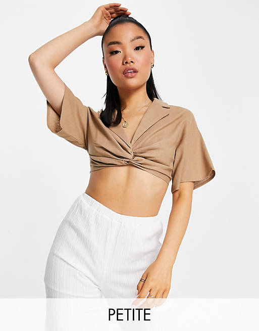 Missguided Petite co-ord plunge crop top with collar in brown