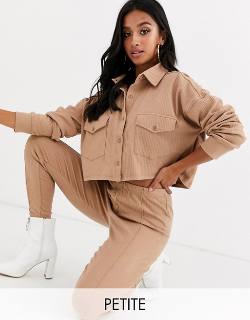 Missguided Petite co-ord ribbed crop shirt in camel