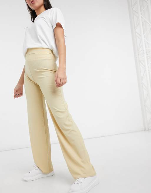 Missguided Petite co ord ribbed wide leg trouser in beige