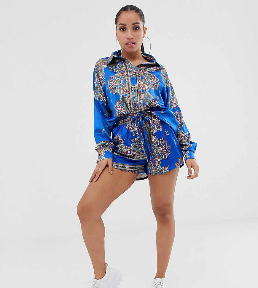 Missguided Petite co-ord satin shorts in blue scarf print-Multi