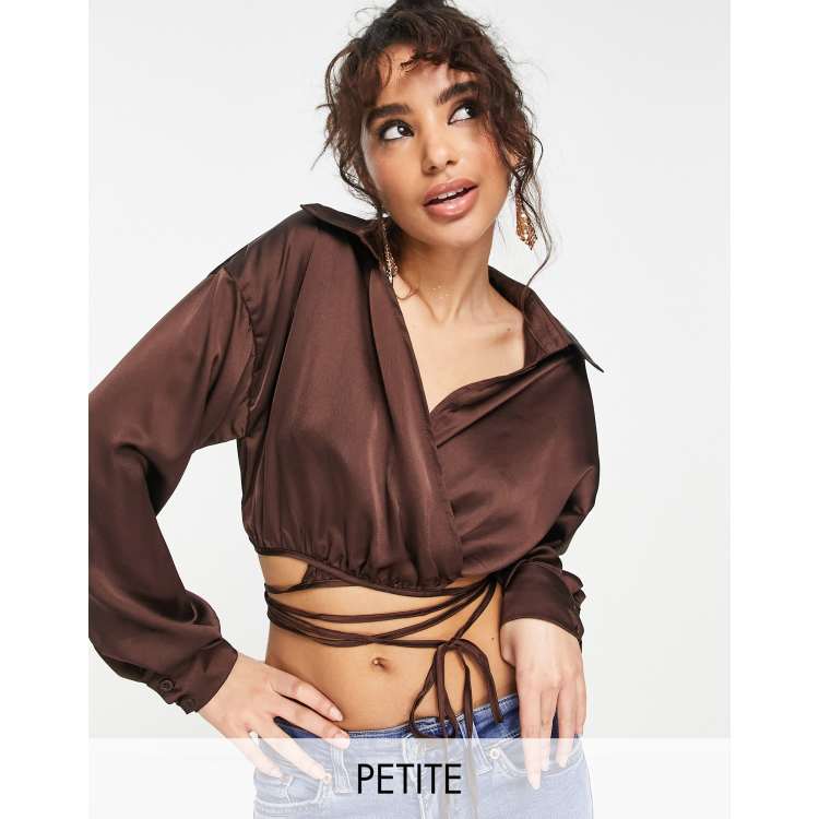 Missguided Petite co ord satin wrap blouse in brown