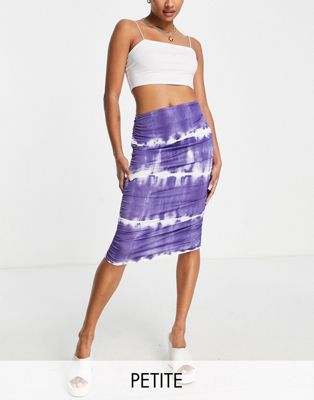 Missguided Petite co-ord slinky midi skirt with ruched sides in purple tie dye