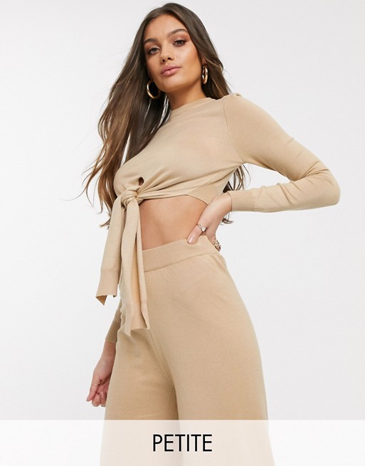 Missguided Petite co-ord tie front cropped jumper in sand