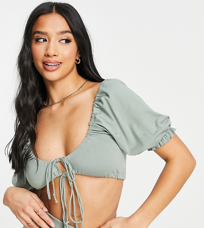 missguided petite co-ord tie front top in sage-green