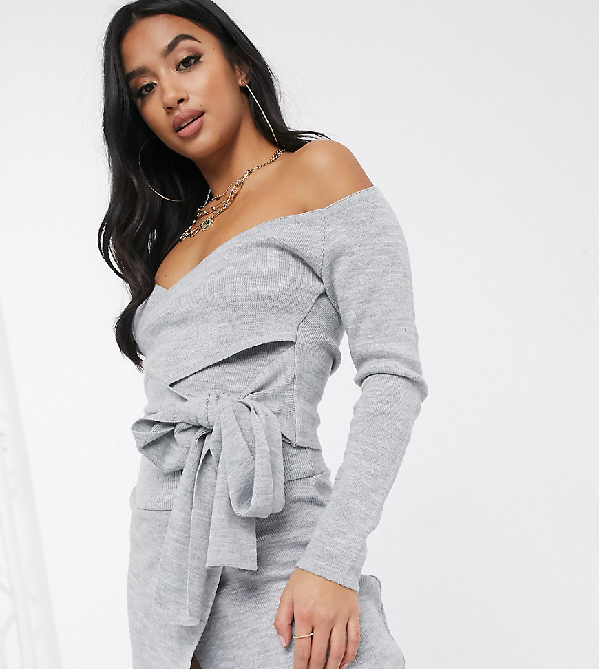 Missguided Petite co-ord wrap cropped jumper in grey