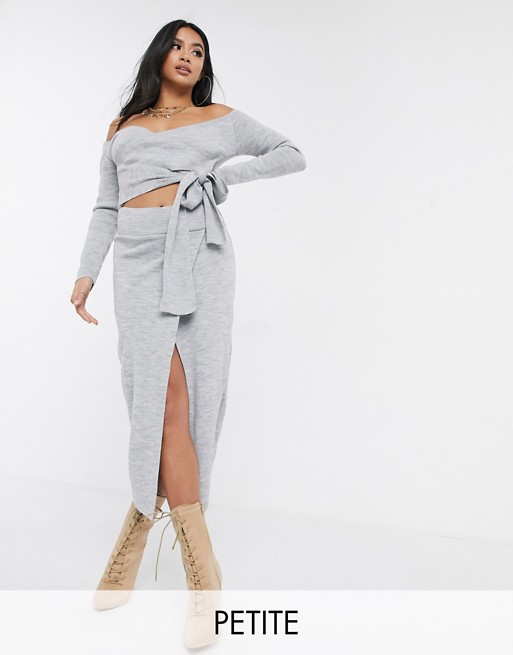 Missguided Petite co-ord wrap knitted midi skirt in grey