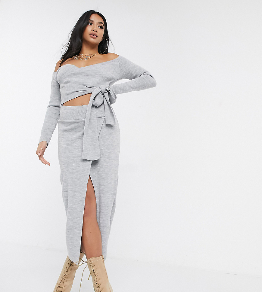 Missguided Petite co-ord wrap knitted midi skirt in grey