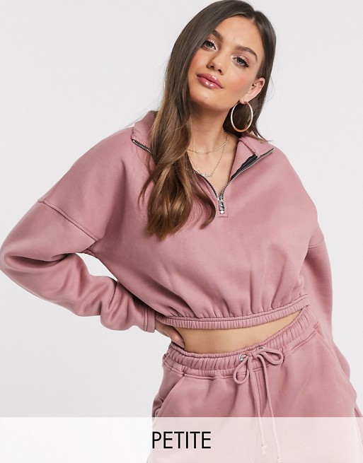 Missguided Petite co-ord zip front cropped sweatshirt in rose